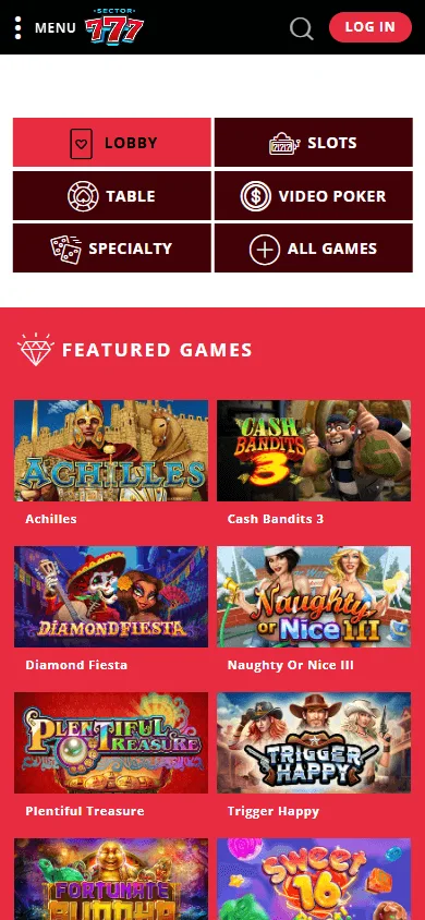 Sector 777 Casino mobile games view with slots and casino categories