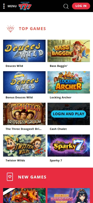 Sector 777 Casino mobile home view with access to casino play