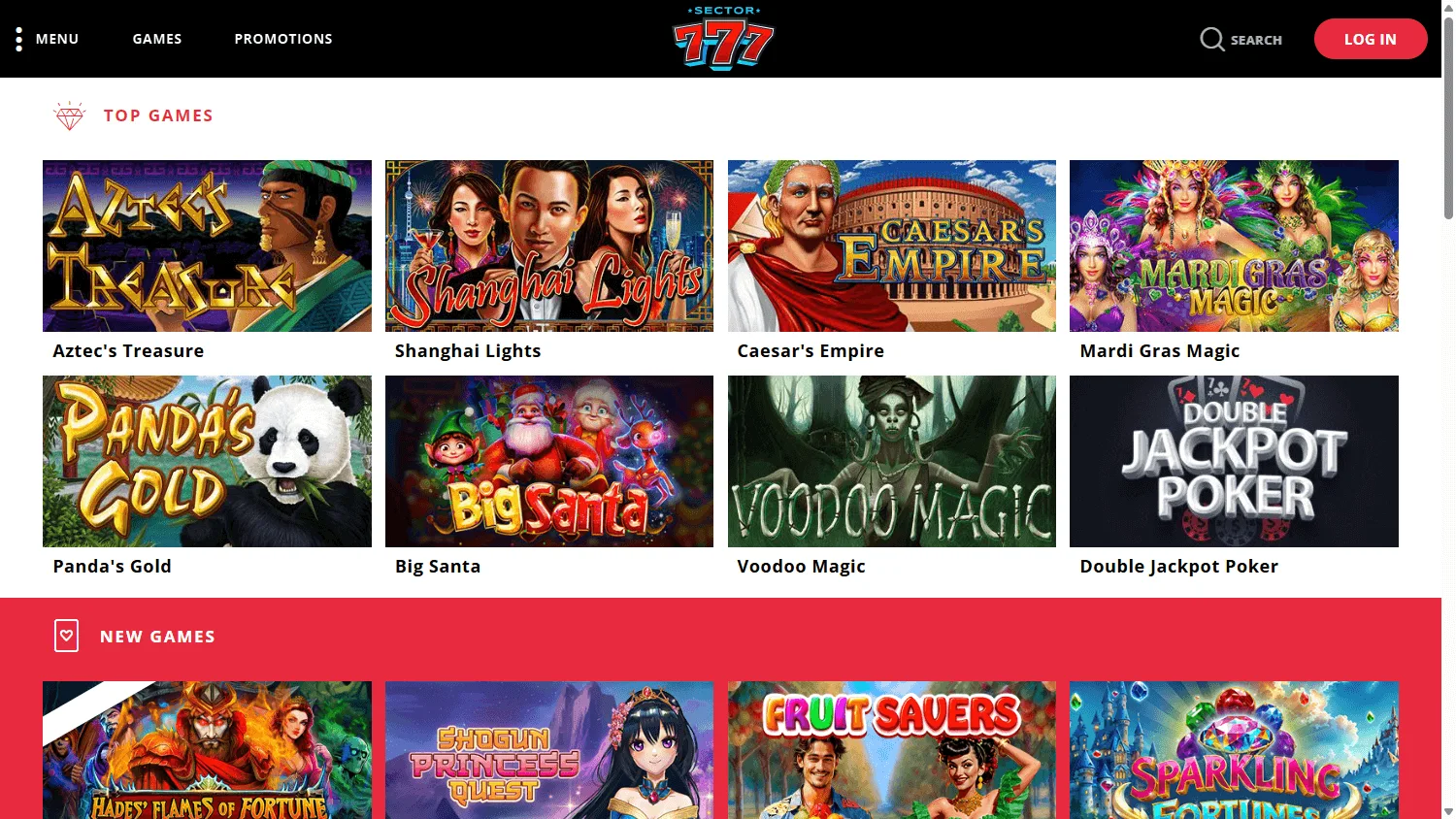 Sector 777 Casino desktop home view with casino offers and account options