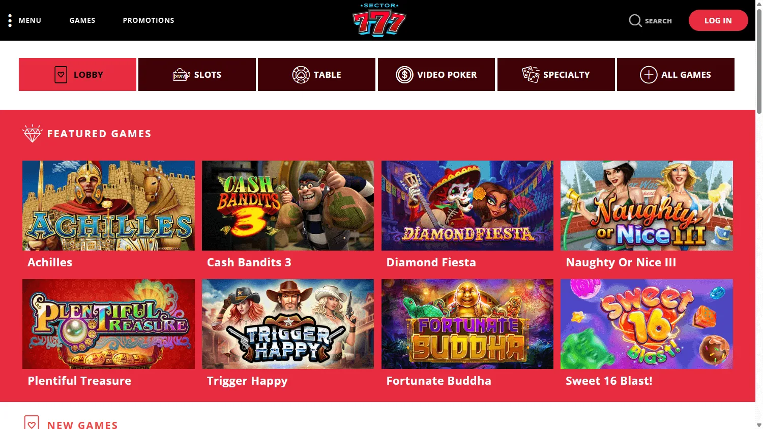 Sector 777 Casino desktop games view with instant-play casino titles